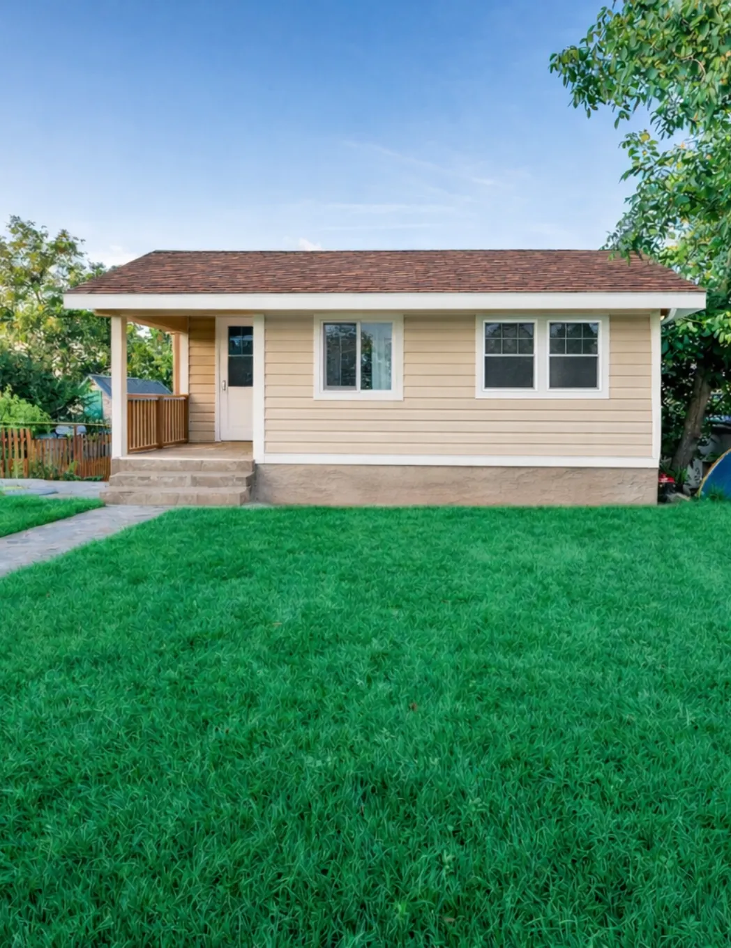 Newly built Dallas ADU with siding, shingle roof and multiple windows for natural light