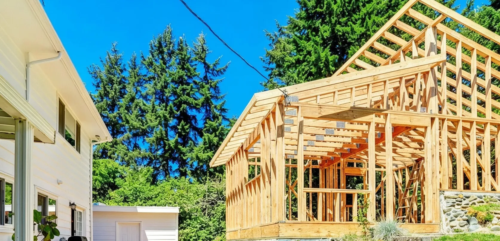 Guest house builder project in Dallas showing backyard wood framing construction in progress